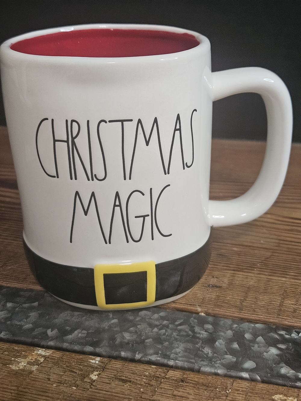 Rae Dunn Christmas Magic White and Red Ceramic Mug with Holiday Belt Accent